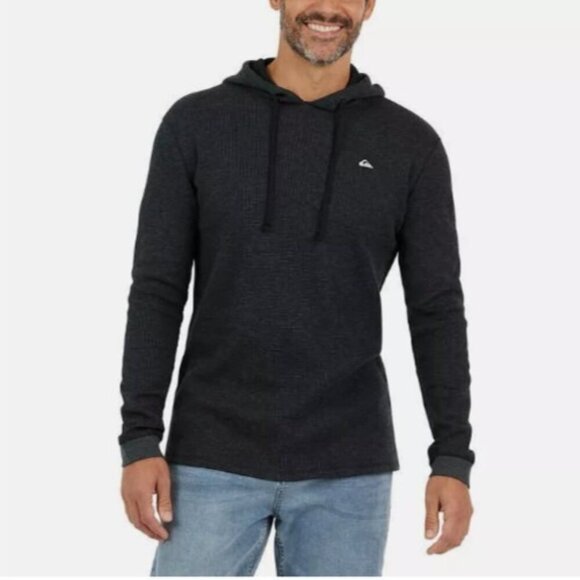 NWOT Quiksilver Mens M Long-Sleeve Black Waffle-Knit Hoodie - Picture 1 of 7